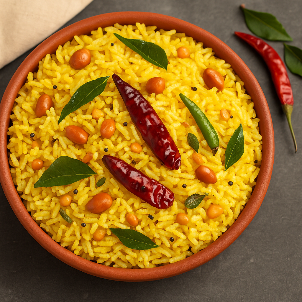 A bowl of Andhra Pulihora (spicy tamarind rice) served in a terracotta dish, garnished with dried red chilies, green chilies, curry leaves, roasted peanuts, and mustard seeds, placed on a dark stone surface with a few loose garnishes around.