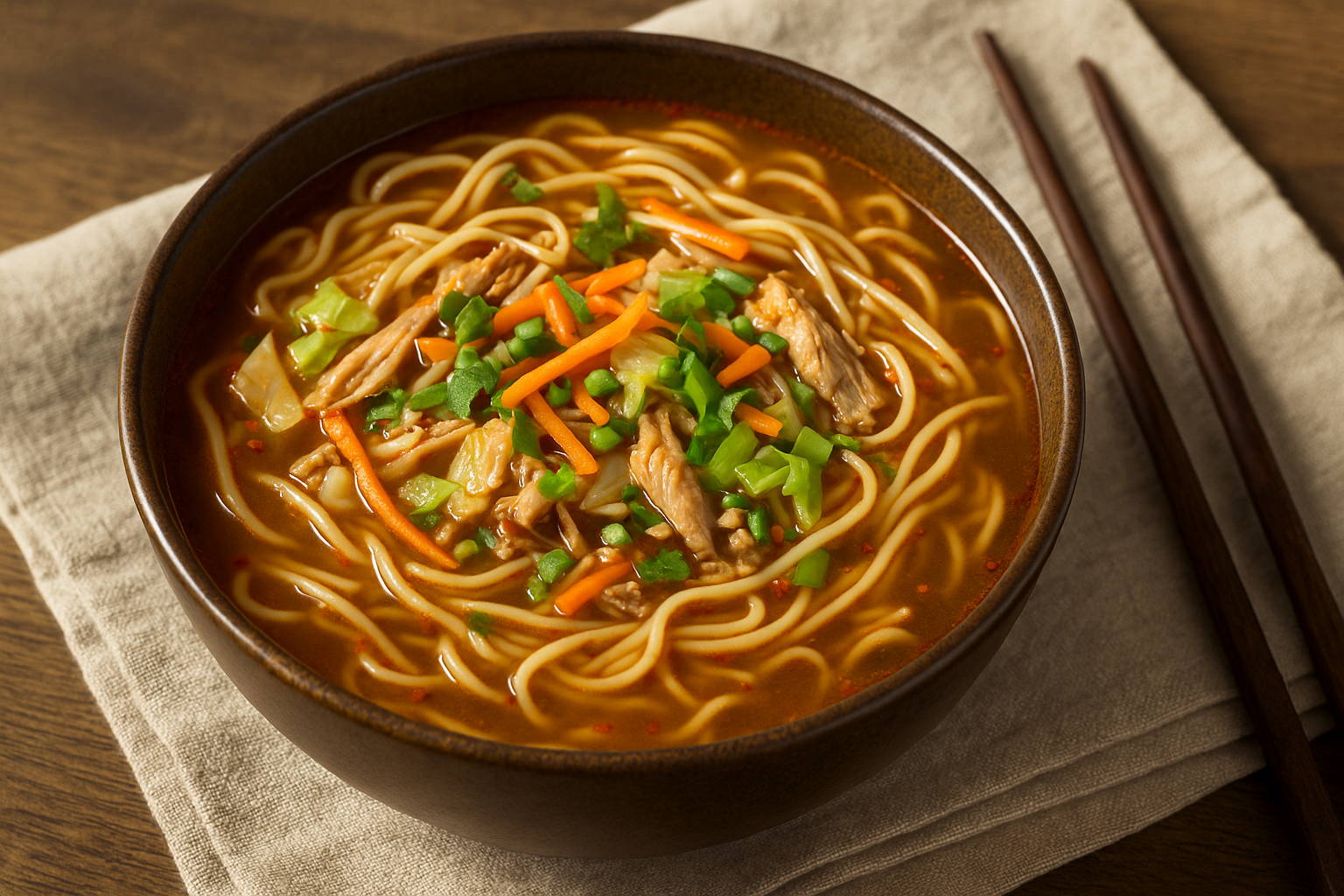 A bowl of Thukpa from Arunachal Pradesh with noodles, vegetables, and chicken in a spicy broth, served hot in a rustic setting.