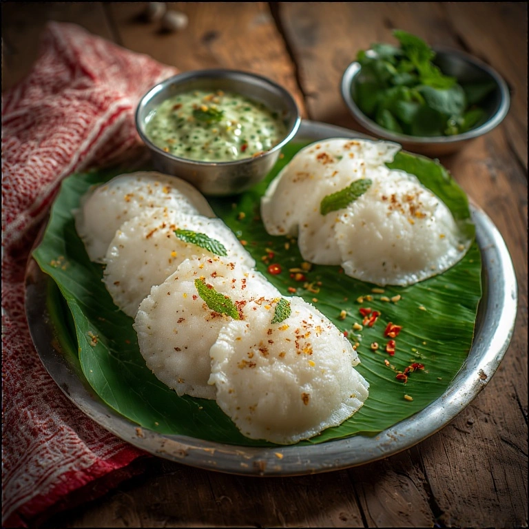Chhattisgarh Faraa served with mint chutney in a steel plate