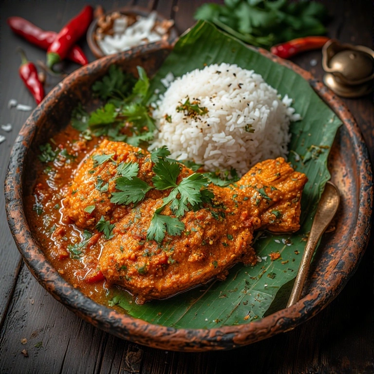 Goan Fish Curry served with rice on a banana leaf