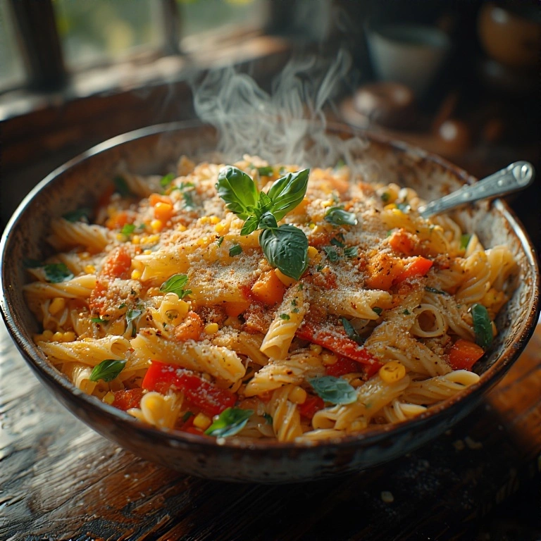 A bowl of colorful one-pot vegetable pasta with carrots, bell peppers, corn, and herbs, topped with fresh basil and grated cheese.