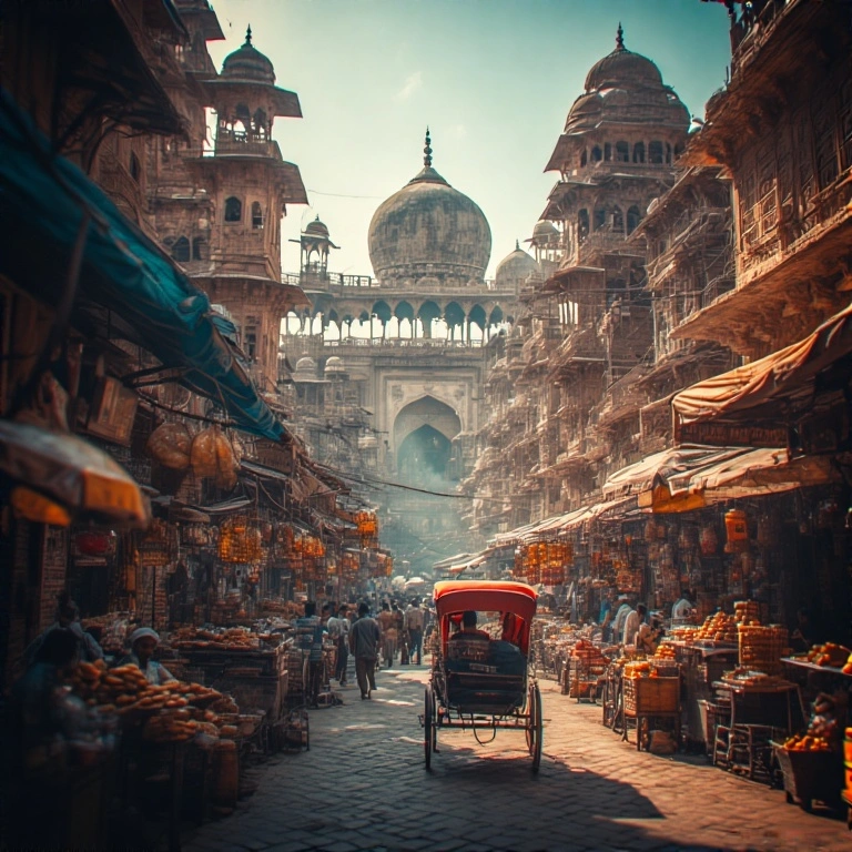 Street scene showing Old Delhi's heritage buildings and food stalls